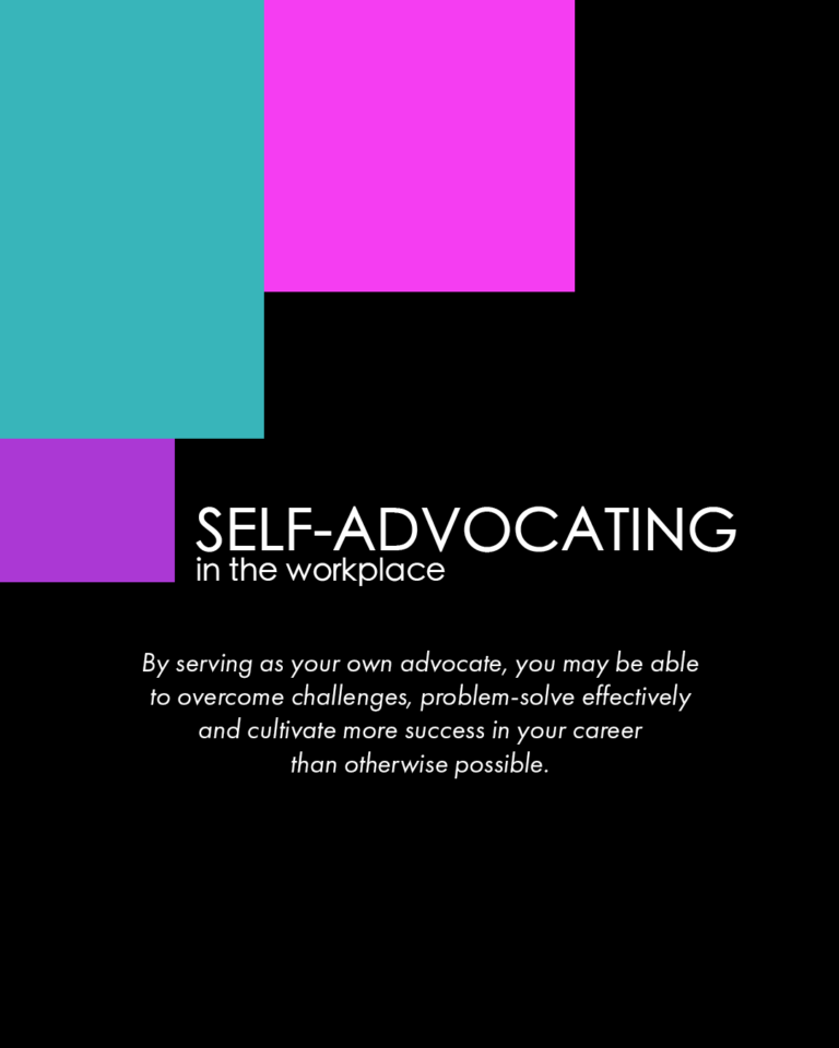 black background with teal, pink, and purple overlapping blocks with title self-advocating in the workplace in white font